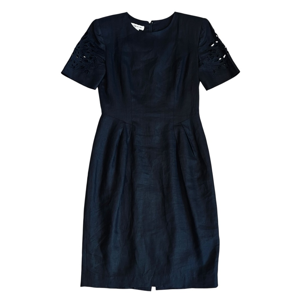 Nancy Johnson Women’s 6 Vintage Black Linen Dress Midi Cutout Short Sleeve Shift